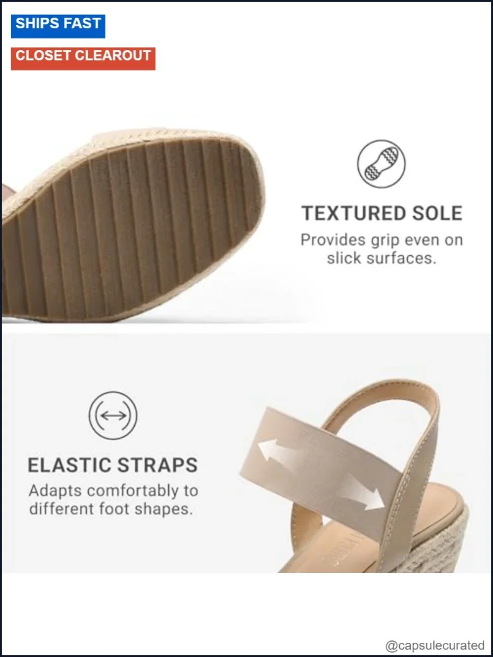 Espadrille Wedge Platform Sandals with Elastic Ankle Straps, PU Insole, Slip